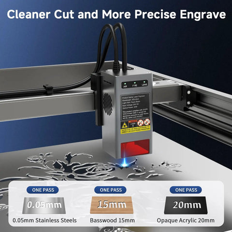 Close-up of Falcon2 Pro 22W Enclosed Laser Engraver With Air Assist And HD Camera Positioning engraving metal surface.
