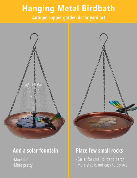 Outdoor Hanging Bird Bath And Feeder With Antique Copper Finish, 11 Inch Metal Bird Bath Bowl On Detachable Black Chain