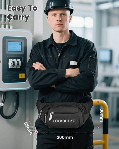 Technician with Lockout Tagout Kit For Electrical Safety, OSHA Compliant Industrial Lockout Set With 2 Padlocks and Waist Bag