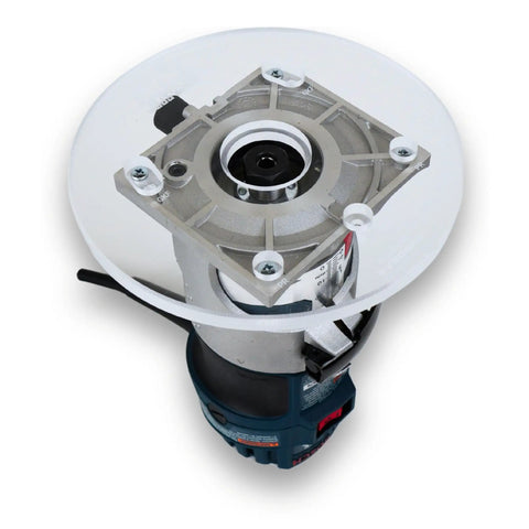 Heavy Duty 6 Inch Round Router Base Plate With Snappy Pre Drilled Holes Clear Acrylic Drop In Ready Fit For Bosch Colt Routers And Template Guides Made In USA Killer Woodworking Tool, top view mounted on router.