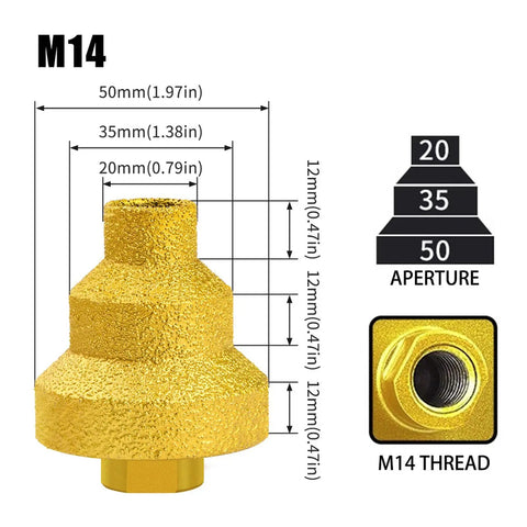Heavy Duty Diamond Step Drill Bit For Tile Marble And Concrete With M14 Thread Perfect Fit For Angle Grinder Professional Multi Layer Brazed Chamfer Reamer Kit For Fast Clean Cutting Jobs, 20-50mm aperture