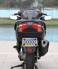 Rear view of motorcycle with Chrome Stainless Steel Motorcycle License Plate Frame With Red Reflectors and Rustproof Hardware