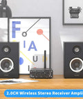 BT10A Bluetooth 5.0 Stereo Amplifier Receiver 2 Channel Class D Mini Hi Fi Integrated Amp on desk with speakers