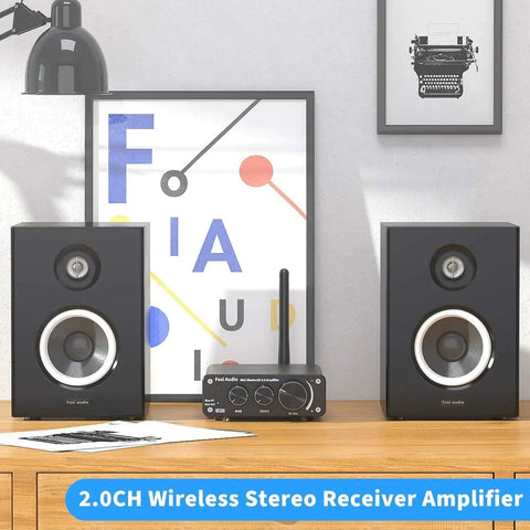 BT10A Bluetooth 5.0 Stereo Amplifier Receiver 2 Channel Class D Mini Hi Fi Integrated Amp on desk with speakers