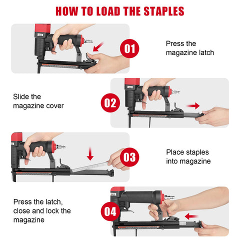 How to load the 22 Gauge Three Eighths Inch Crown Pneumatic Upholstery Stapler With Long Nose, Air Stapler Kit instructions