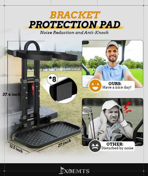 Bracket protection pad for noise reduction and anti-knock with golf cart user images and product dimensions.