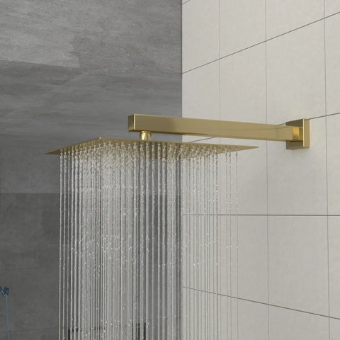 Wall Mounted Square Shower System with Rough-in Valve, gold rain shower head with water cascading down.