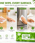 All Purpose Cleaning Wipes 70 Count Extra Large 8 By 10 Inches Heavy Duty Wipes used on wood table, steel fridge, toilet