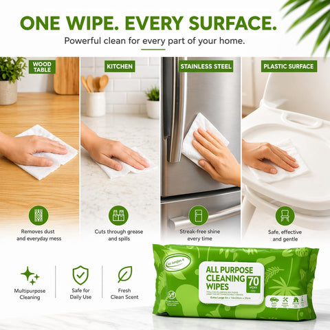 All Purpose Cleaning Wipes 70 Count Extra Large 8 By 10 Inches Heavy Duty Wipes used on wood table, steel fridge, toilet