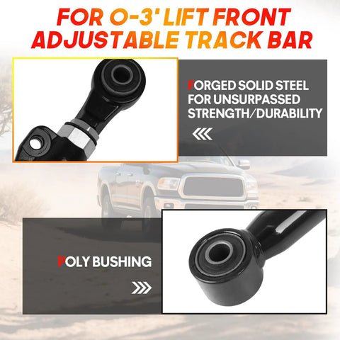 Dodge Ram Front Adjustable Track Bar 0 To 3 Inch Lift For 2003 To 2013 2500 3500 Heavy Duty Off Road Steering Rod Easy Bolt On Install Improves Alignment And Handling On Lifted Trucks, forged steel with poly bushing