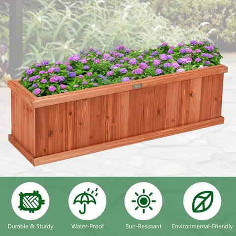 Raised Garden Bed Planter Box Window Mounted For Windowsill And Backyard Wooden Planting Box For Flowers And Veggies Durable Fir Wood With Drainage Holes Large 40 By 13 By 12 Inches filled with blooming purple flowers on patio.