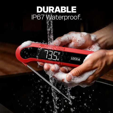 Person washing 0.3 Second Instant Read Digital Meat Thermometer For Cooking And Grilling under running water showcasing waterproof feature.