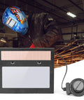Auto Darkening Welding Lens Replacement for Helmet with Solar Powered Shade, Wide Viewing Window, shown with welder