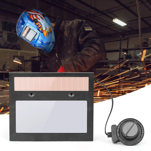 Auto Darkening Welding Lens Replacement for Helmet with Solar Powered Shade, Wide Viewing Window, shown with welder