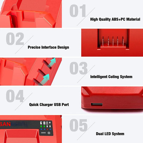 12V C4 12 To 50 Battery Charger Replacement Tool 100 240V Compatible Durable ABS Shell with USB port and LED system.