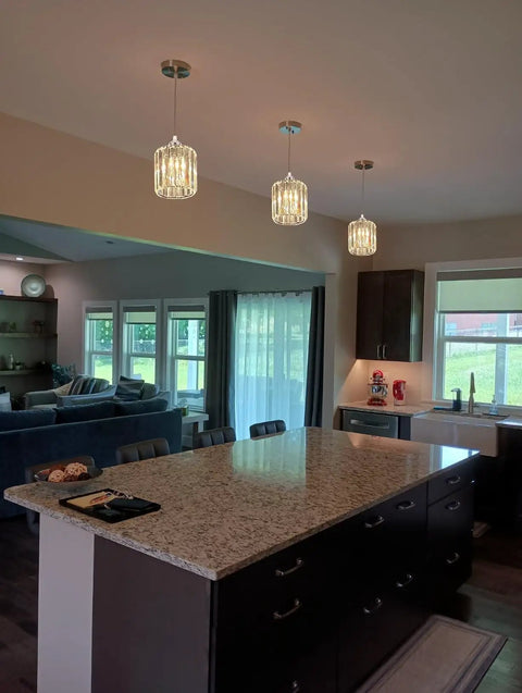 Crystal Pendant Lights Duo Kit For Kitchen Island And Bar in modern kitchen setup with silver chrome finish.