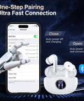Rock Solid Wireless Earbuds With Bluetooth 5.3 And HiFi Stereo Sound Featuring 50H Playtime and LED digital display in white with smartphone pairing.