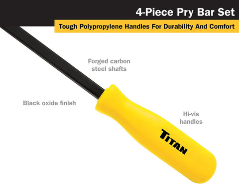 Heavy Duty Pry Bar Set With 8 Inch, 12 Inch, 18 Inch, And 24 Inch Bars, black oxide finish, hi-viz handle, angled tip detail.