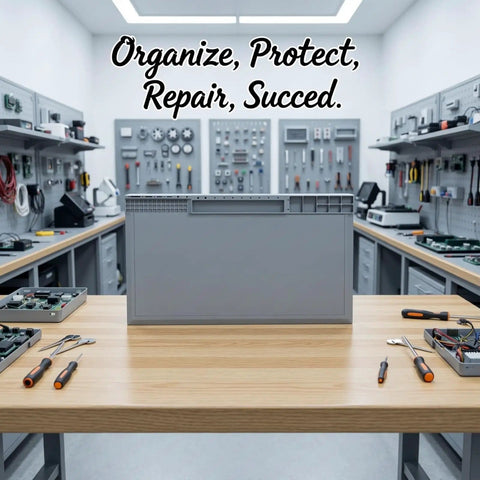 Pro Grade Silicone Electronics Repair Mat With Heat Resistant Anti Static Surface For Soldering And Phone Repair Magnetic Screw Positioning Non Slip Workbench Pad Up To 932 F 500 C Protects Your Table And Delicate Electronics displayed on workbench in organized electronics lab