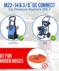Compatibility diagram for M22-14 & 3/8 QC connectors with pressure washers, both electric and gas, not for garden hoses.