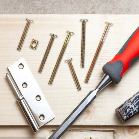 Bulletproof Furniture Connector Bolts And Nuts Kit With Hex Socket Heads Copper Alloy Fasteners For Headboards And Crib Repair Heavy Duty Wood Screws Set For Long Lasting Strength And Easy Assembly on a wooden surface with tools