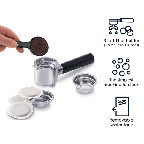 Barista Grade 15 Bar Espresso Machine With Milk Frother And Temperature Control For Home Coffee Nerds filter holder and ESE pods