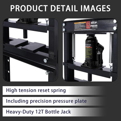 Heavy Duty 12 Ton Hydraulic Shop Press Compact H Frame Bearing Press Machine Garage Auto Repair with bottle jack and springs.