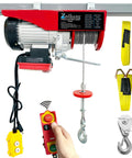 Electric hoist with remote control, red 1760 lb capacity, mounted winch with steel cable and hook.
