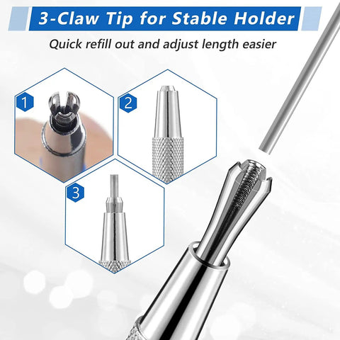 Close-up of 3-claw nib holder of Pro Grade Welding Pencil Marker Kit With 24 Silver Round Refills, showing refill mechanism.
