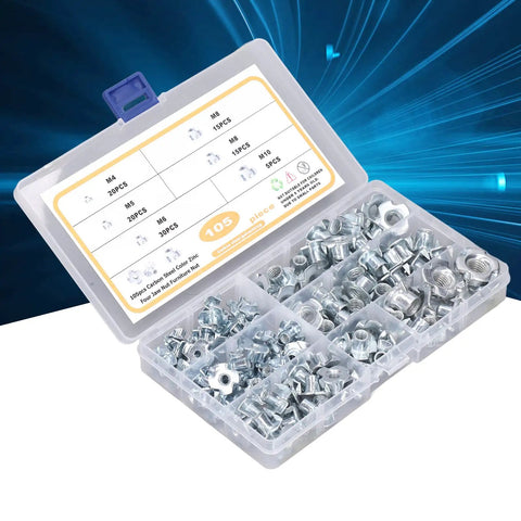 105 Piece T Nut Assortment Kit Galvanized Carbon Steel 4 Prong Tee Nut Fasteners in plastic organizer box with metric sizes M4-M10