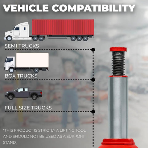 Hydraulic bottle jack, 20-ton capacity, side view; red top and base with metal body