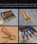 Front view: six brass trigger snap hooks with leather straps and rings
Side view: two tan leather straps with brass trigger snaps and rings
Close-up: brass swivel trigger snap hook with lever and ring
Installed display: leather straps with brass trigger snaps attached to wood