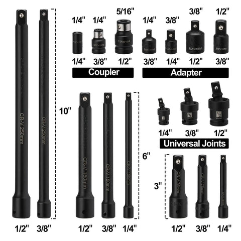 18-Piece Drive Socket Set With Adapters, Extensions, Universal Joints And Impact Coupler, detailed view of components and sizes.