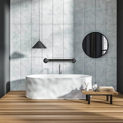 Bathroom with Matte Black 2 Pack 18 Inch Grab Bars For Bathtubs And Showers, wall mounted above a modern white tub, round mirror reflection