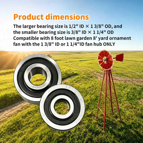 8 Inch Windmill Bearing Repair Kit For Lawn And Garden Fans With Two Bearing Sizes 1/2 In ID By 1 3/8 In OD And 3/8 In ID By 1 1/4 In OD scene
