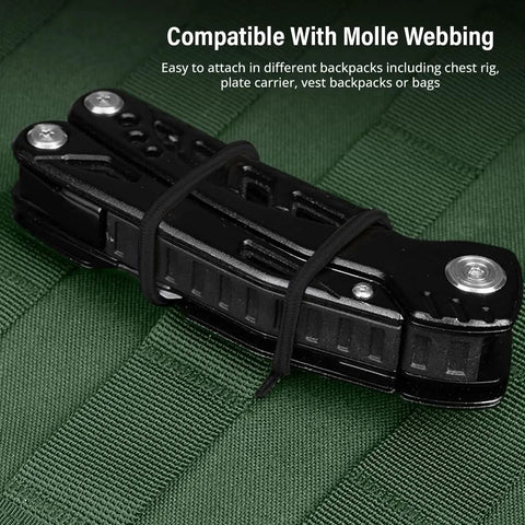 Elastic MOLLE Binding Ribbon Kit for Backpacks and Vests, securing tool onto green nylon webbing, black strap, tactical use