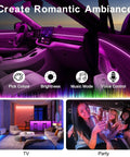 App Controlled Car Interior LED Strip Lights 5 In 1 RGB Color Kit With 16 Million Colors 236 Inches Fiber Optic Music Mode Ambient Lighting for creating romantic ambiance in a car, living room, and party setting.