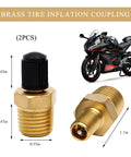 Heavy Duty Brass Air Compressor Adapter 2 Pack 1/4 Inch Npt Male To Standard Schrader Valve With Zero Drip Sealing Caps on a bike tire.