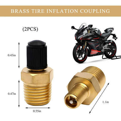 Heavy Duty Brass Air Compressor Adapter 2 Pack 1/4 Inch Npt Male To Standard Schrader Valve With Zero Drip Sealing Caps on a bike tire.