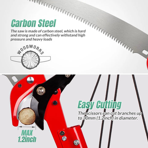Close-up of 10 Ft Pole Saw For Tree Trimming With Steel Blade And Pruning Scissors Two In One Pro Grade showing blade and scissors