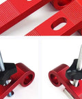 Close-up of Four Piece T Slot Slider Miter Track Jig for Router Tables with red aluminum alloy and hand knob clamps.