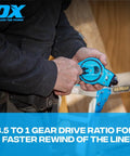 Person using blue Trade Ready Workhorse Heavy Duty Chalk Reel With 100 Ft Thin Line Small Chalk Line Reel outdoors
