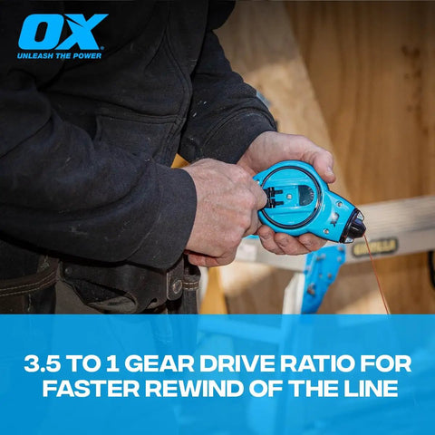 Person using blue Trade Ready Workhorse Heavy Duty Chalk Reel With 100 Ft Thin Line Small Chalk Line Reel outdoors