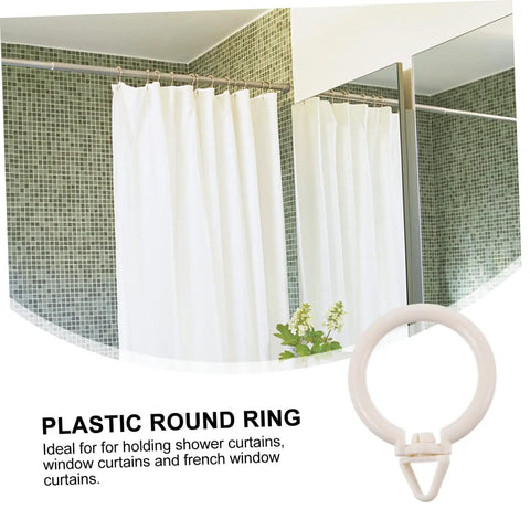 Plastic Roman Curtain Rings 48 Pack With Smooth Glide Hanging Hooks displayed in bathroom with white curtain