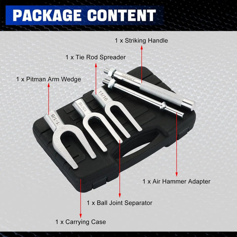 Pro Grade Ball Joint Separator And Tie Rod Tool Set Five Piece Pickle Fork Kit with case, striking handle, and air hammer adapter.