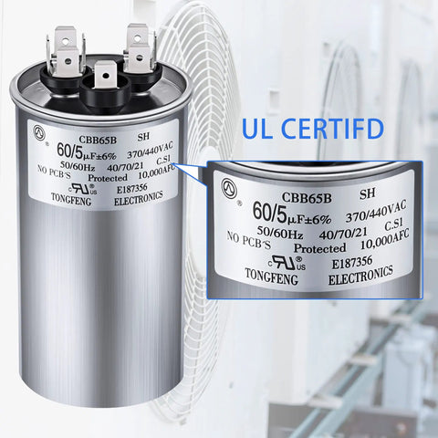 60/5 MFD Run Capacitor For AC Motors And HVAC Systems 370 To 440V CBB65 Direct Replacement with Herm Fan Common Terminals