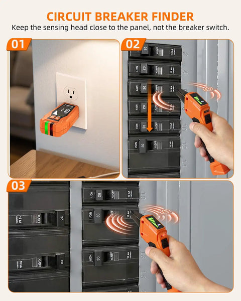 All In One Circuit Breaker Finder And Outlet Tester Kit With GFCI Tester and Carrying Case in use on electrical panel