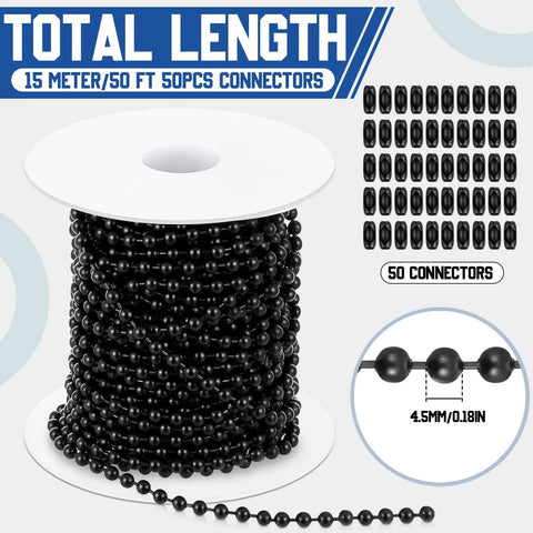 Image of 50ft 4.5mm ball beaded chain with 50 connectors for roller shade and vertical window blinds black ideal for DIY crafts