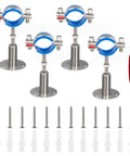 4-pack Kodilin 304 stainless pipe supports with blue clamps and bases; fits 3/4 in pipe, 50–100 mm adjustable height