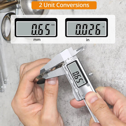 Using 4 Inch Digital Caliper Stainless Steel With Inch Millimeter Conversion Large LCD Screen For Easy Read Pro Grade 0.0005 Inch Resolution.